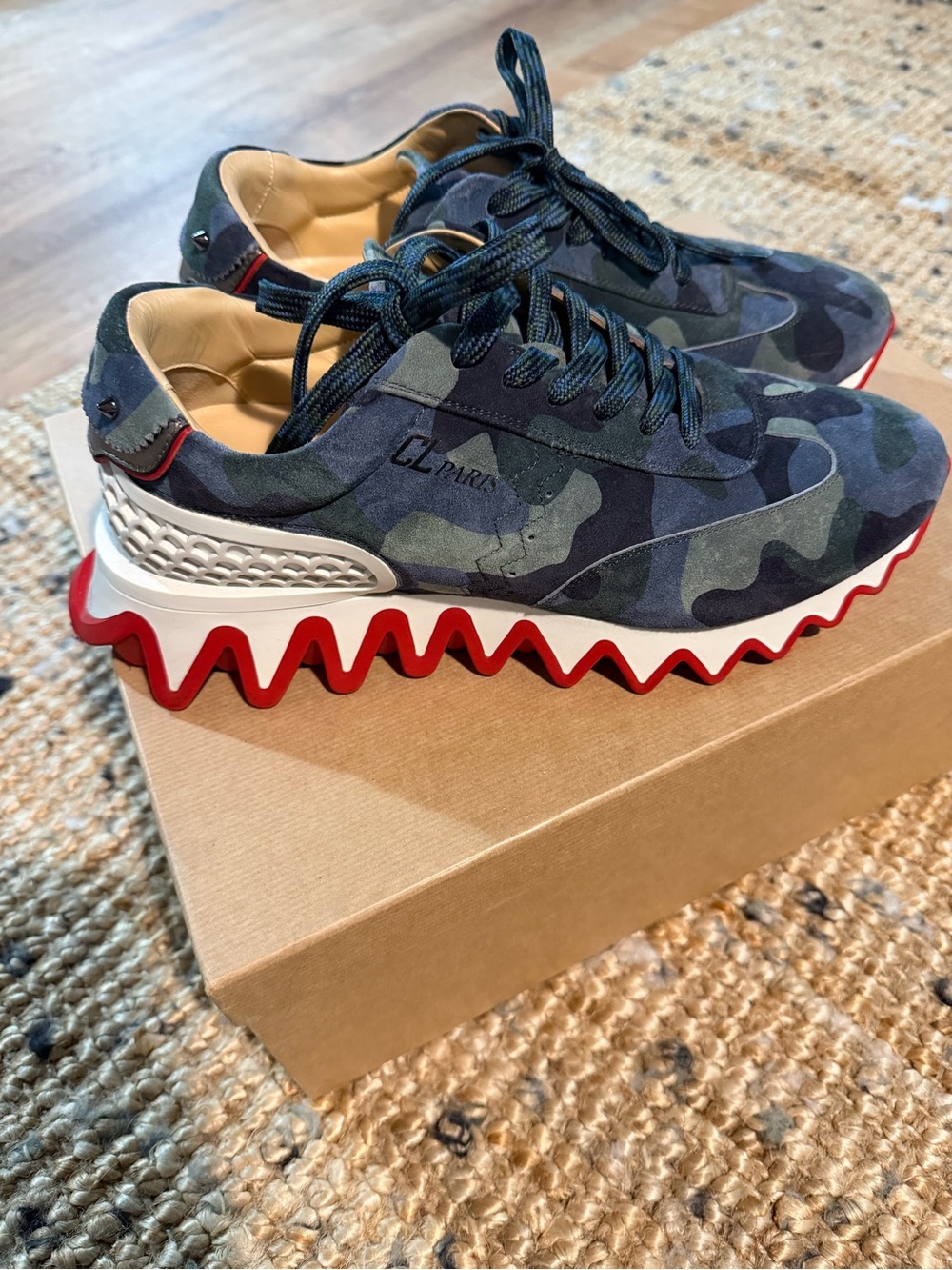 Christian Louboutin Men's “Loubishark” Sneakers with Blue/Green Suede Camo